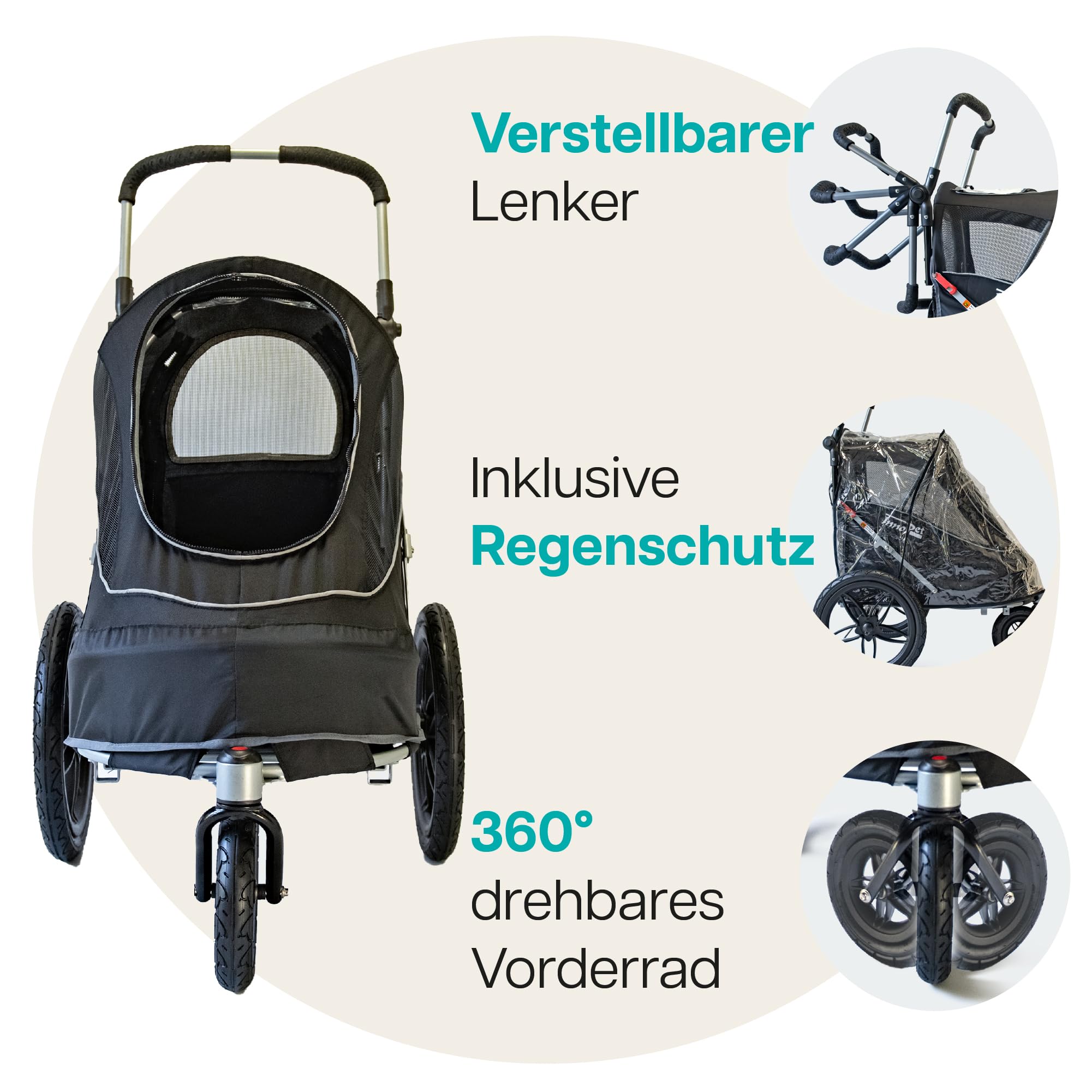 InnoPet Sporty EVR Hundebuggy Hundewagen Trailer - für jedes Gelände - robuste Gummiräder wie Luftreifen - plattfußfrei inkl. Regenhaube - schwarz