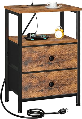 Miniatura 1 de Mesita de noche, mesita de noche con estación de carga, mesa auxiliar con almacenamiento 2 cajones de tela para dormitorio, mesa auxiliar de cama