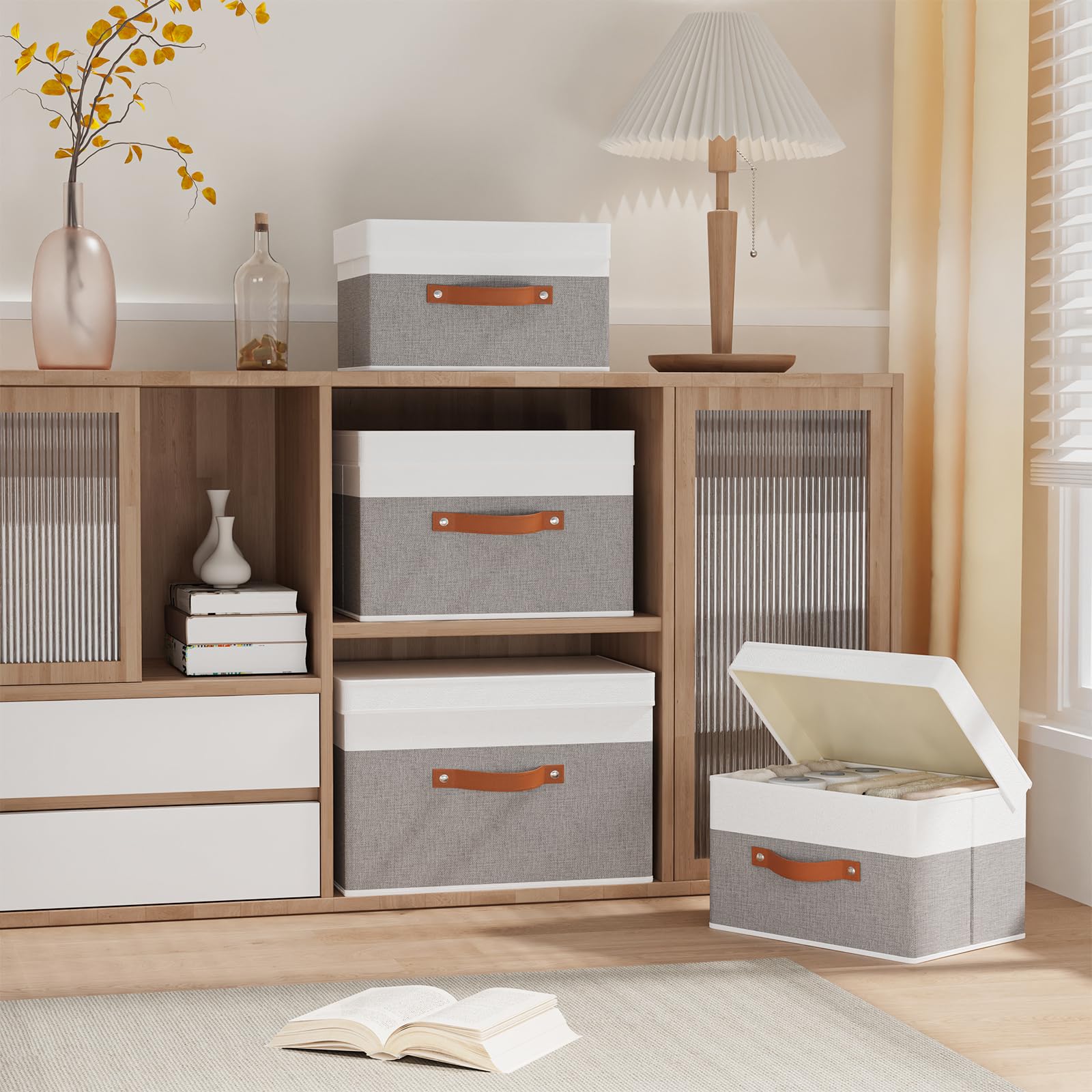5 Pezzi Scatole con Coperchio, Scatole Portaoggetti Pieghevoli, Cubo di Stoccaggio in Tessuto con Manici, per Vestiti da Letto a Casa,Ufficio,Scuola, Bianco e Grigio, 33x23x20cm