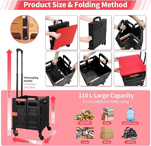 Miniatura 10 de Carro plegable de utilidad, carrito de herramientas portátil plegable con ruedas, capacidad de carga de 176 libras, tapa magnética telescópica con