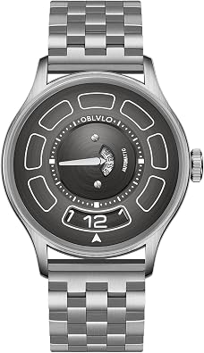 OBLVLO Luxury Automatic Watch, Stainless Steel Band, Black Dial with Modern Design, UFO Concept
