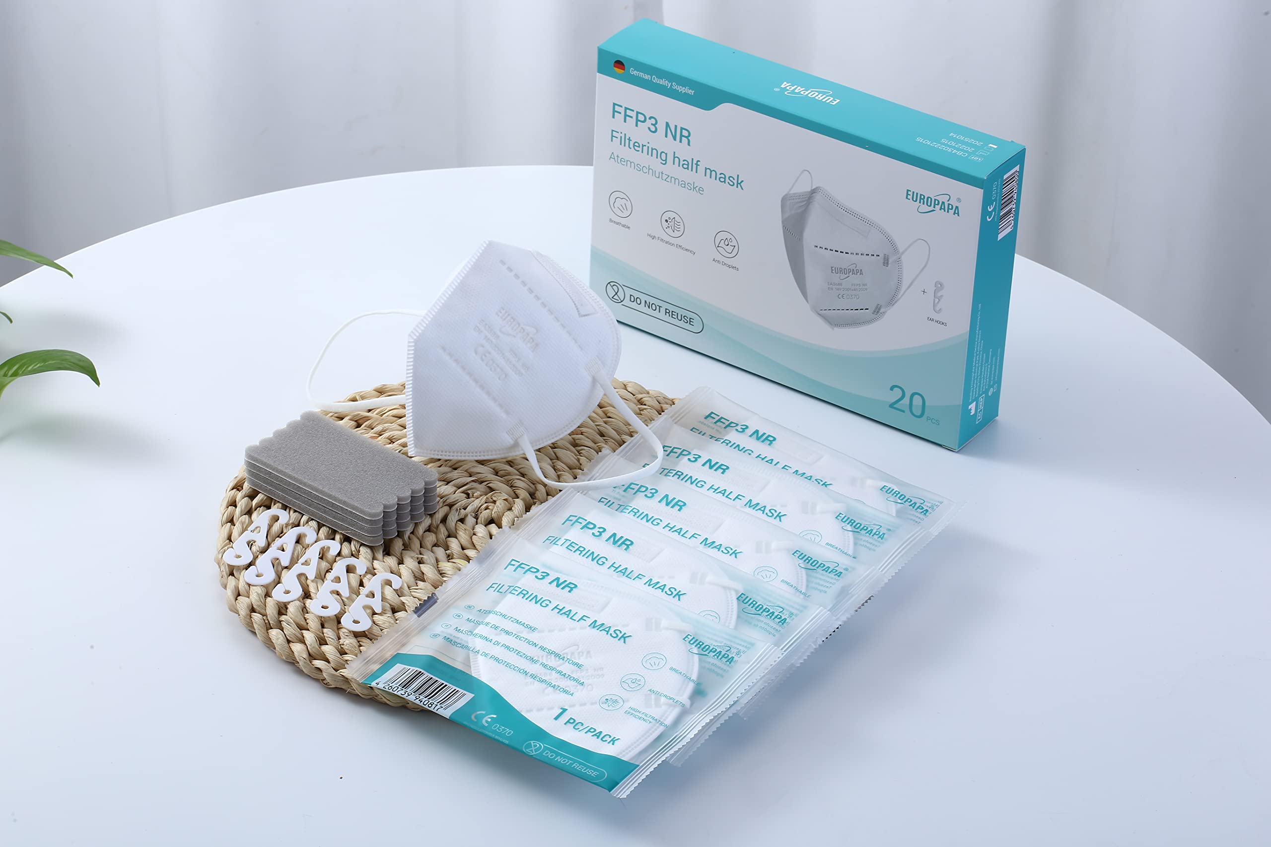 EUROPAPA® 20x Masques Blancs FFP3 Masque Respiratoire Masques Anti-PoussiÈRe 5 Couches EmballÉS HygiÉNiquement Individuellement Corps CertifiÉ EN149:2001+A1:2009 Masque Facial EU2016/425