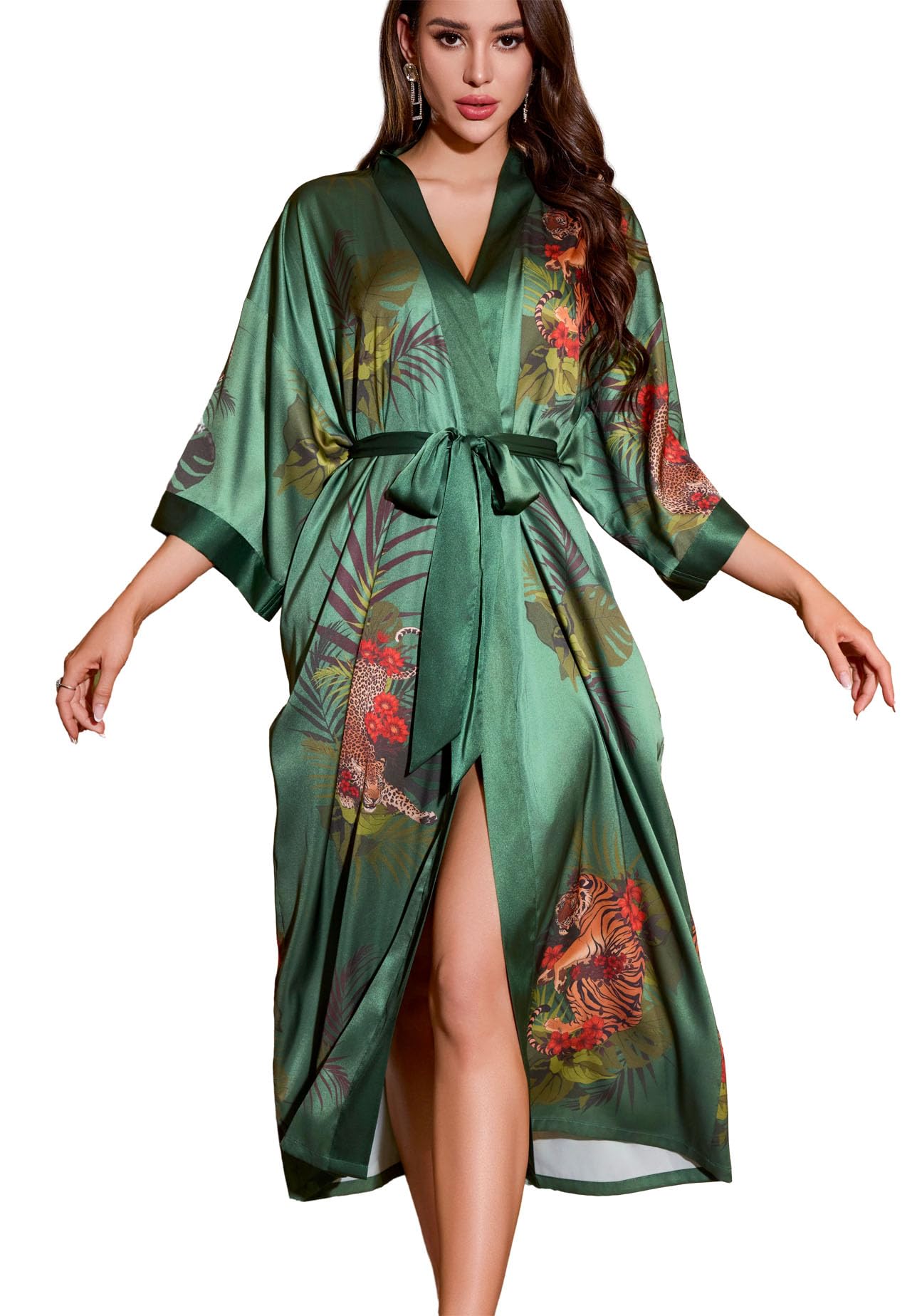 Daiwor Kout Silk Satin Robe for Women Long Kimono Floral Lightweight Bathrobe Soft Thin Ladies Luxury House Robes