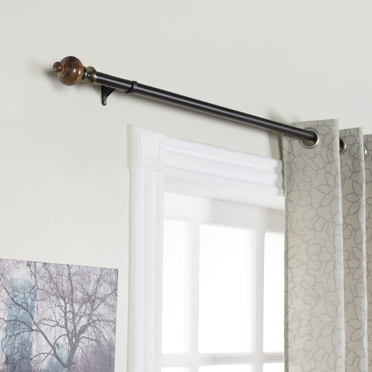 Brown Adjustable Curtain Rod with Natural Wood Finials, 36"-66"