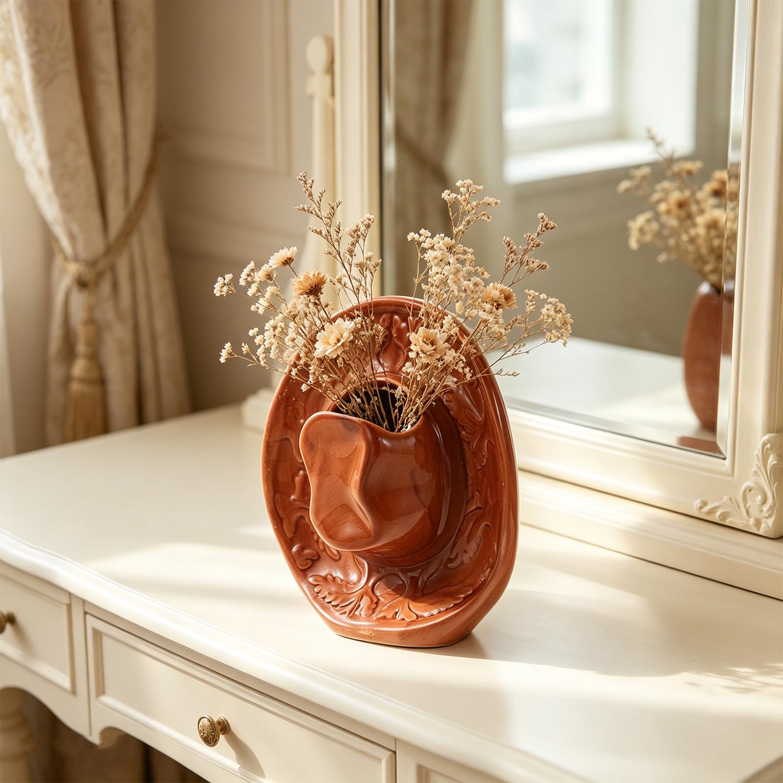 Keramikvase in Cowboyhutform für Hochzeitsdekoration, Wandpflanzgefäß für Kunstblumen, rustikale Boho-Regal- und Tischdekoration, Akzent im Westernstil