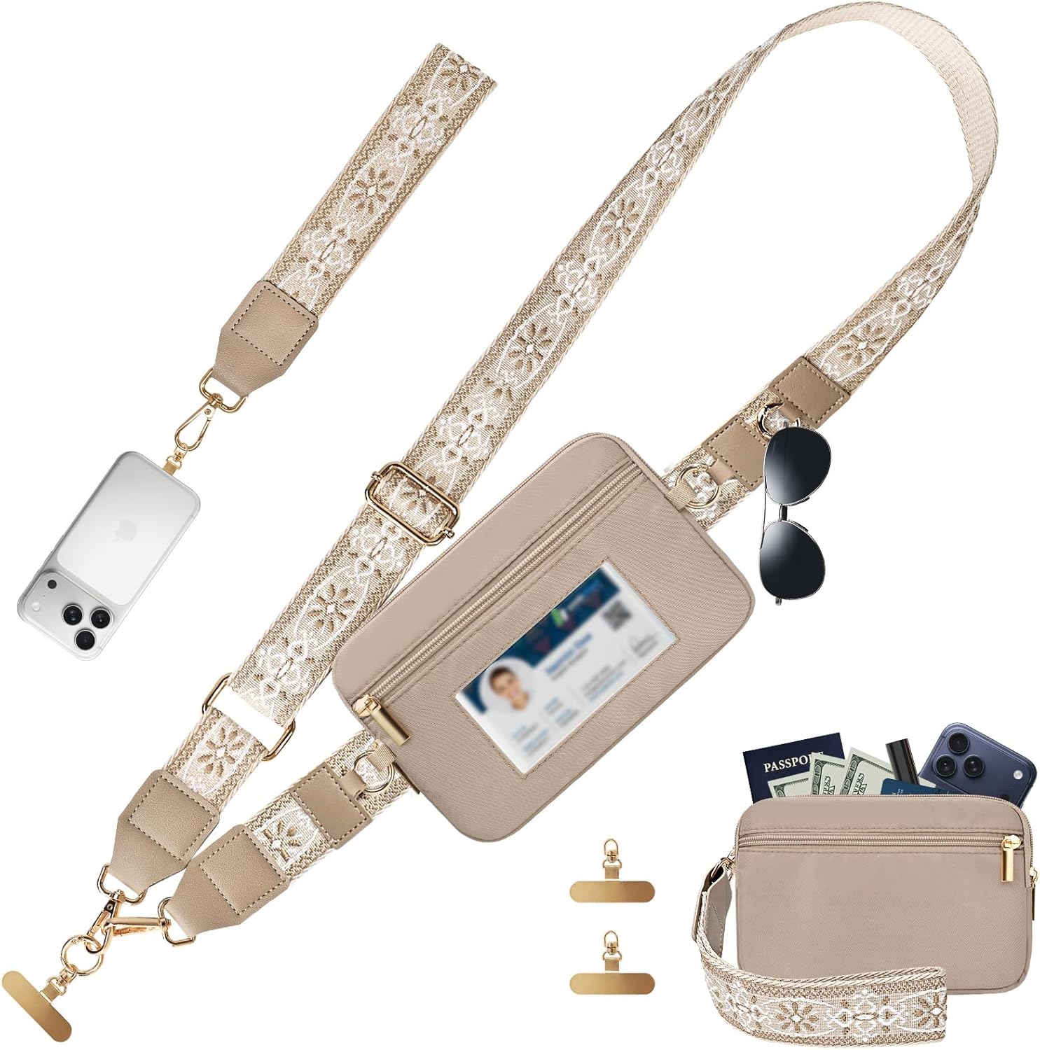 AULEEP Clip and Go Phone Strap with Wallet, Cellphone Crossbody Lanyard & Anti-Theft RFID ID Card Holder Pouch Wristlet Women