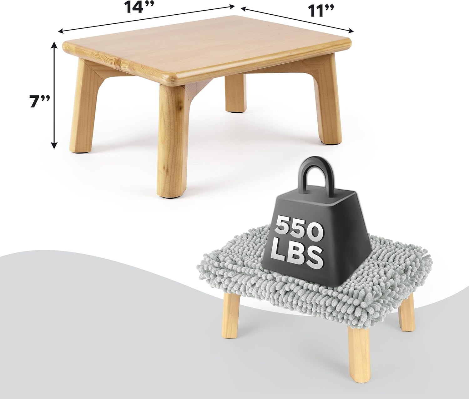 Sunlit One Step Stool with Absorbent Chenille, Stool Holds up to 550 lbs, Non-Slip Natural Wood Color Foot Stool, Wooden Step Stool for Adults, Step Stools for Kids, Bathroom, Light Gray