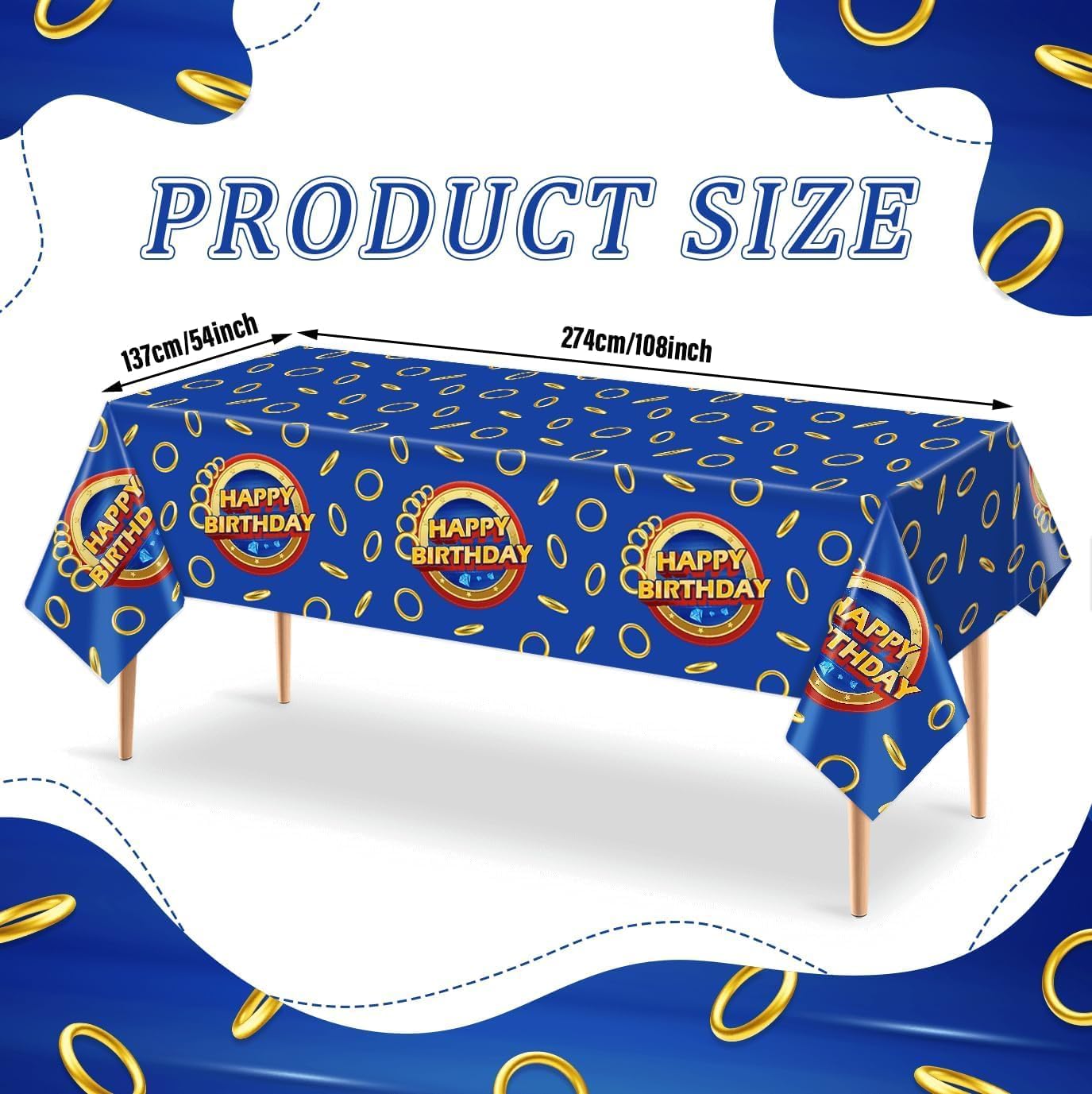 Blue Gold Ring Print Birthday Party Disposable Tablecloths for Boys, 3pcs