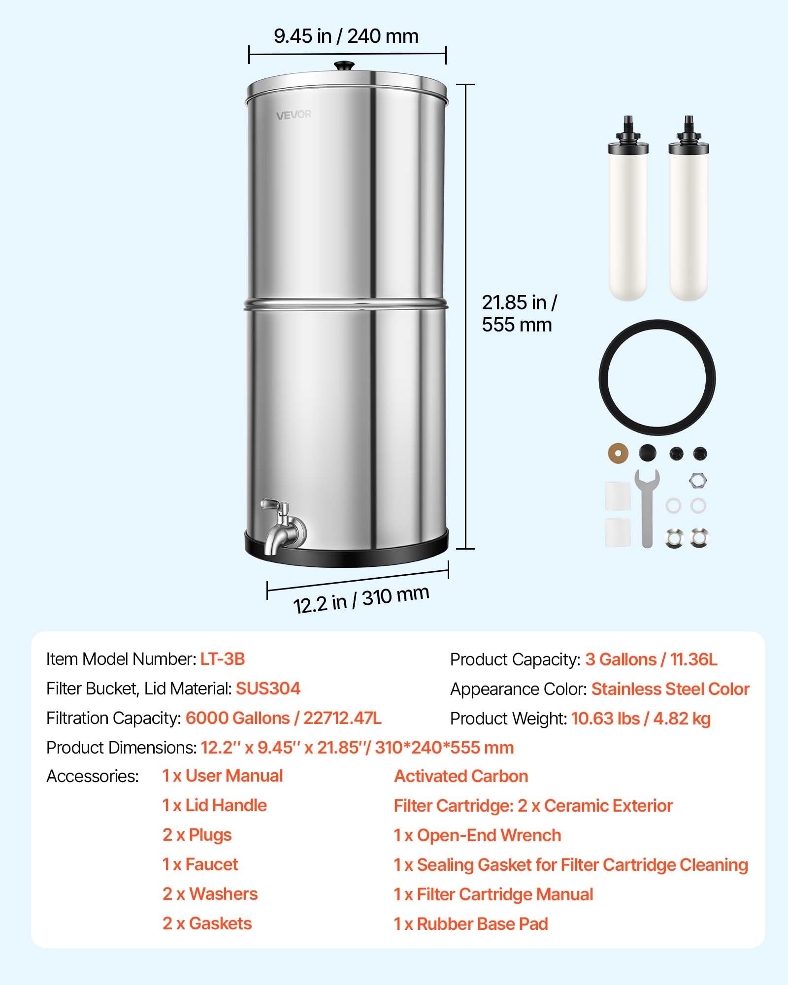 VEVOR Sistema de Filtración de Agua por Gravedad 11,36 L Acero Inoxidable, Reduce el Plomo y Hasta el 99% del Cloro, Con 2 Filtros de Carbón Cerámico, Con Grifo, Para Encimera, Para Hogar, Camping