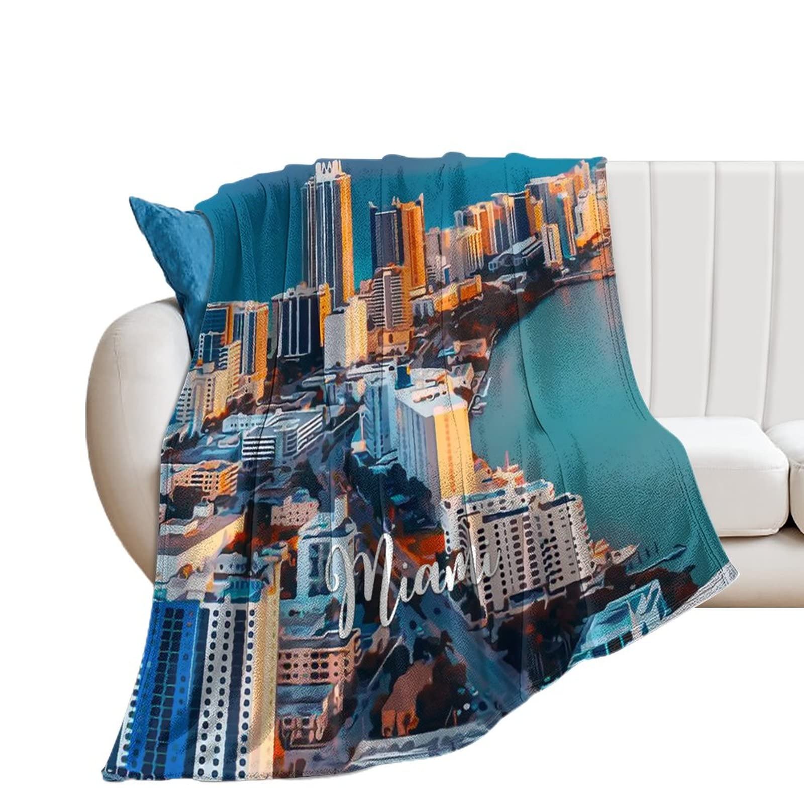 Plaid flanelle Miami couverture chaude paysage urbain pour soirée cocooning sur canapé