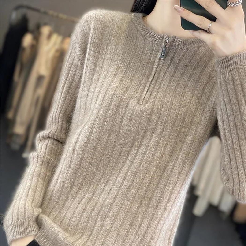 Women's Solid Color Quarter Zip Round Collar Sweater 100% Wool Soft Knitted Jumper Winter Basic Thermal Tops