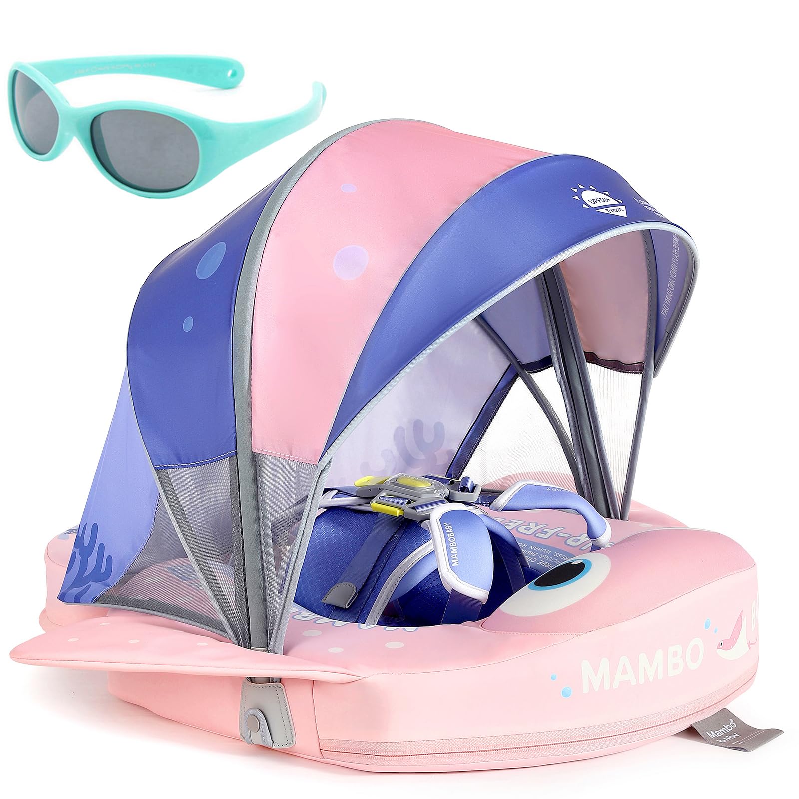 Mambobaby Float with Canopy and Tail New Upgraded Non-Inflatable Baby Pool Float Mambo Float Swim Trainer Solid Infant Swim Float Adjustable Pearl Foam Baby Swim Ring
