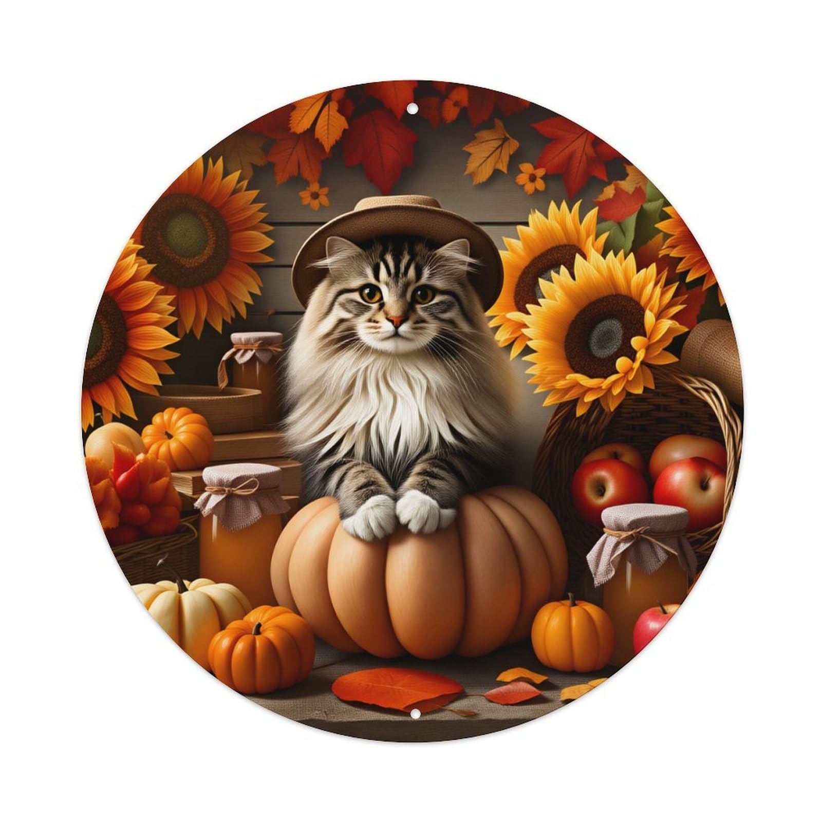 Autumn Harvest Cat Sunflower Pumpkin Round Tin Sign Vintage Metal Poster Retro Bar, Home, Man Cave, Kitchen, Laundry Room Wall Art Decor Gift 8x8Inch