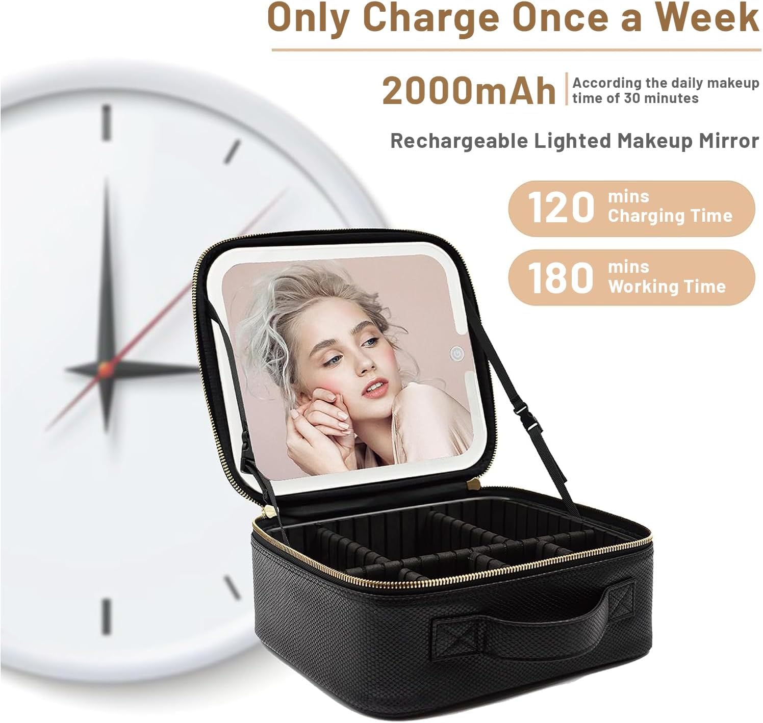 Travel Makeup Bag with LED Mirror – 3 Brightness Modes, Portable Lighted Makeup Case with Adjustable Dividers, Cosmetic Organizer Gift for Women (Black)