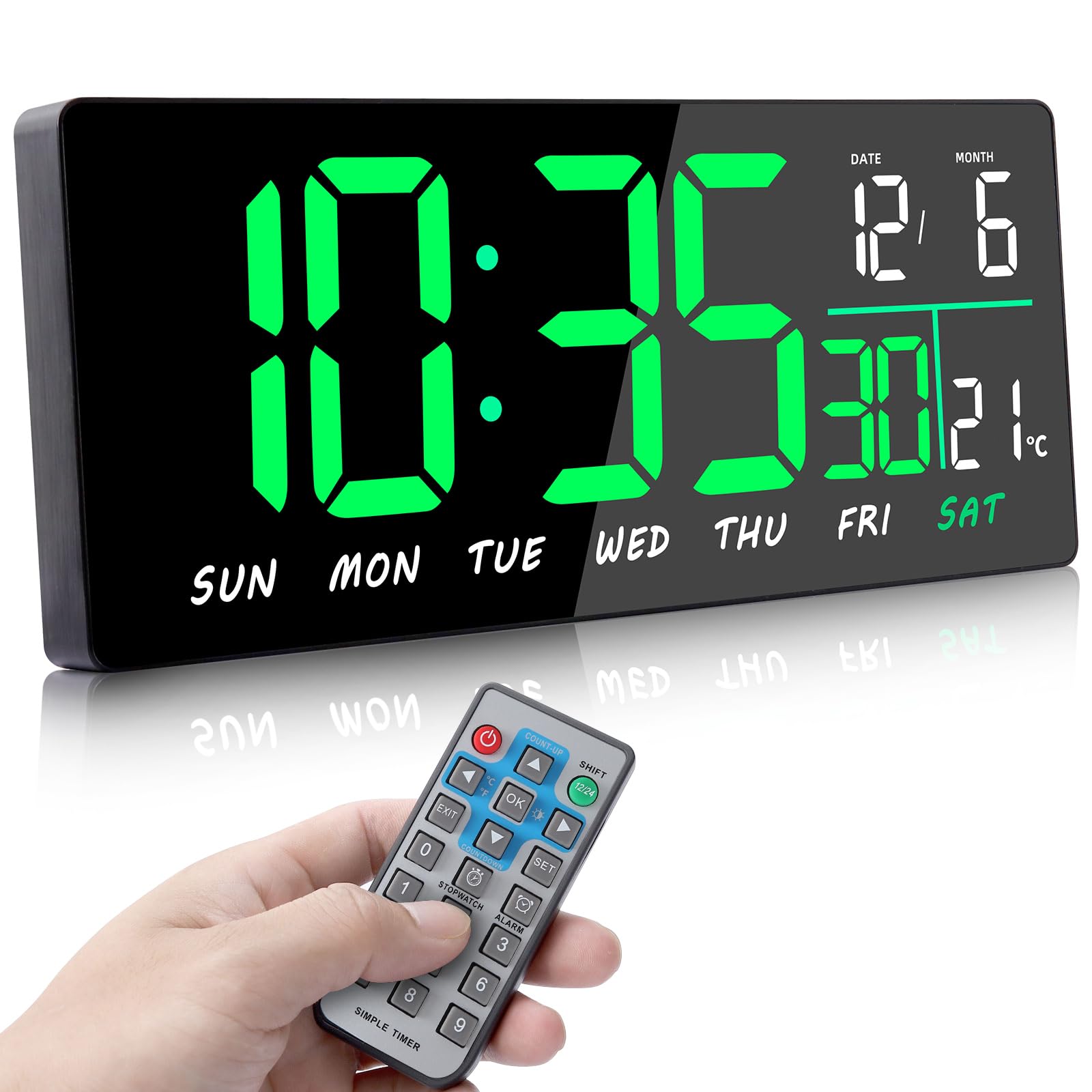 Fuloon 15.5'' Digital Wall Clock, Large Display LED Green Digital Clock