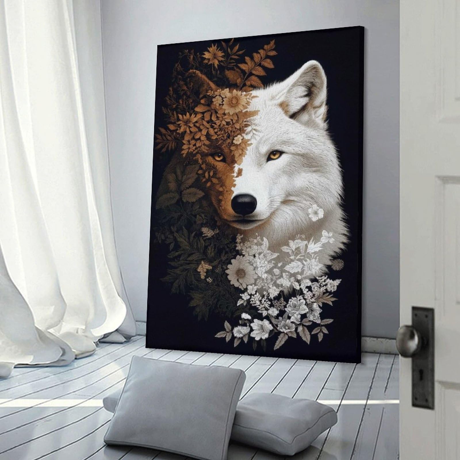 Junmoney Floral Wolf Portrait Wall Art Print 24x36inch(60x90cm), for Art Walls, Layered Displays Or Homes, Wall Decor Suited to Curated Displays