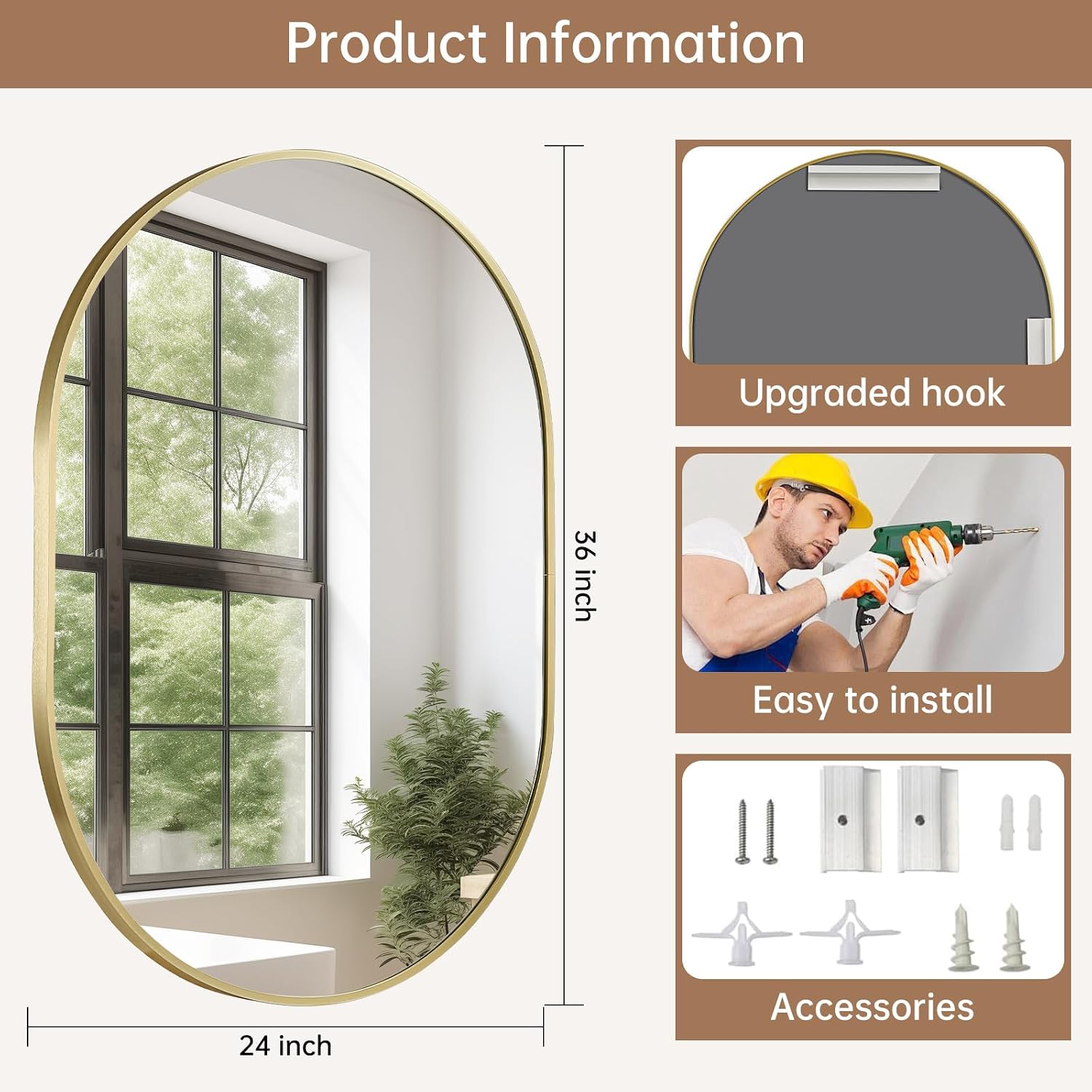 Gold Oval Mirror, 24x36 Inch Pill Shaped Metal Frame Mirror, Oval Bathroom Mirrors for Over Sink, Wall-Mounted Mirrors for Hallway,Living Room, Fireplace