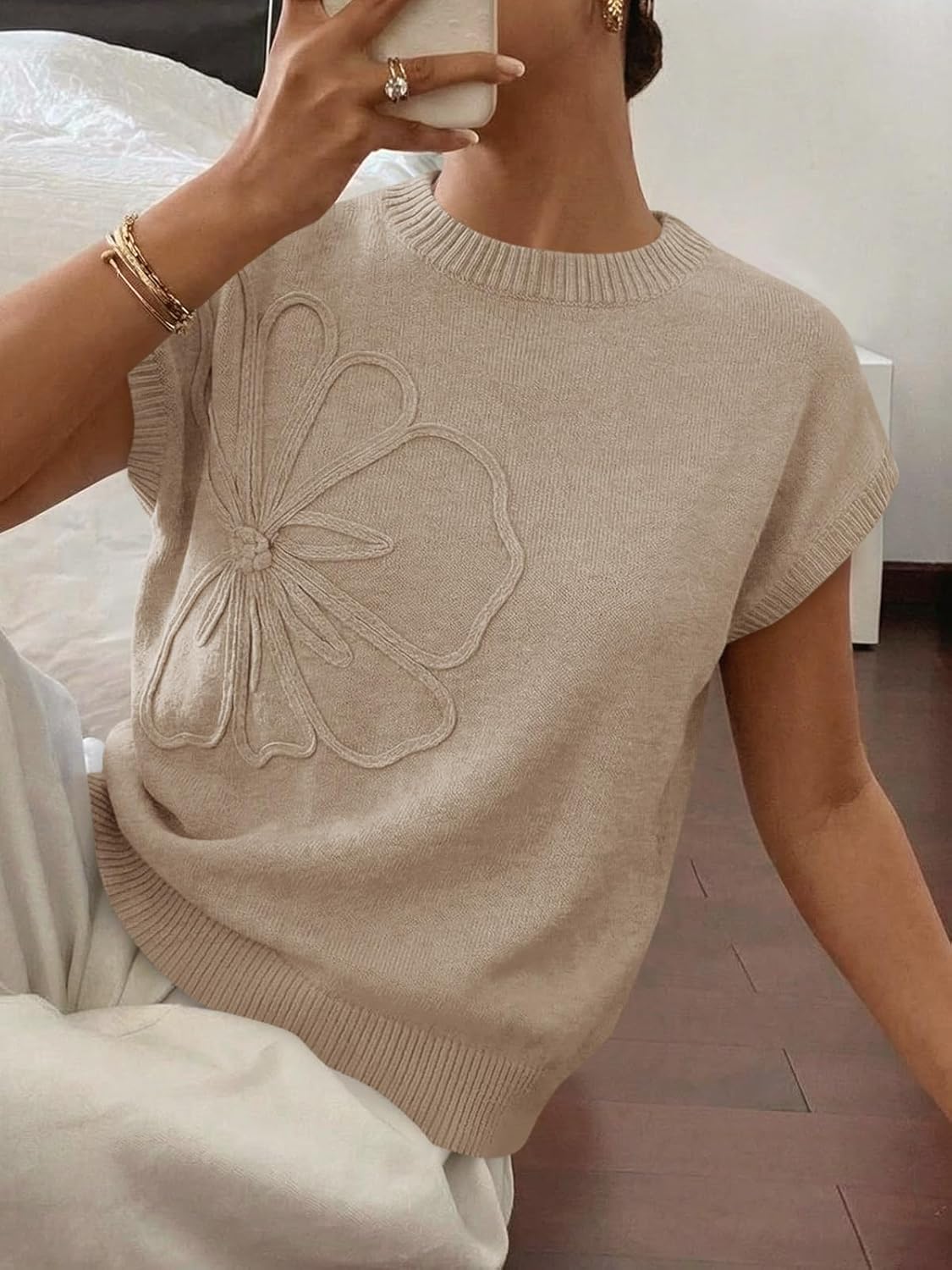 Saodimallsu Womens Short Sleeve Sweater Trendy Floral Pullover Sweaters Summer Casual Crewneck Lightweight Knit Tops - Image 5