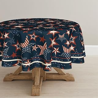 Horaldaily 4th of July Round Tablecloth 52×78 Inch, Patriotic Memorial Day Navy Blue Red Star Independence Day Washable Table Cover for Party Picnic Dinner Decor