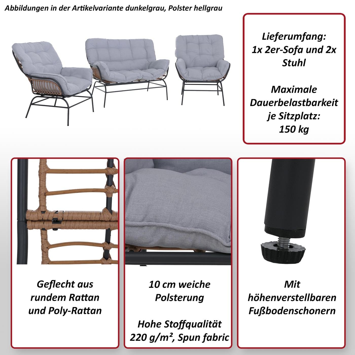Lounge-Set HWC-P75, Gartengarnitur Sofa Sitzgruppe, Stoff 220g/m² Poly-Rattan Metall - dunkelgrau, Polster hellgrau