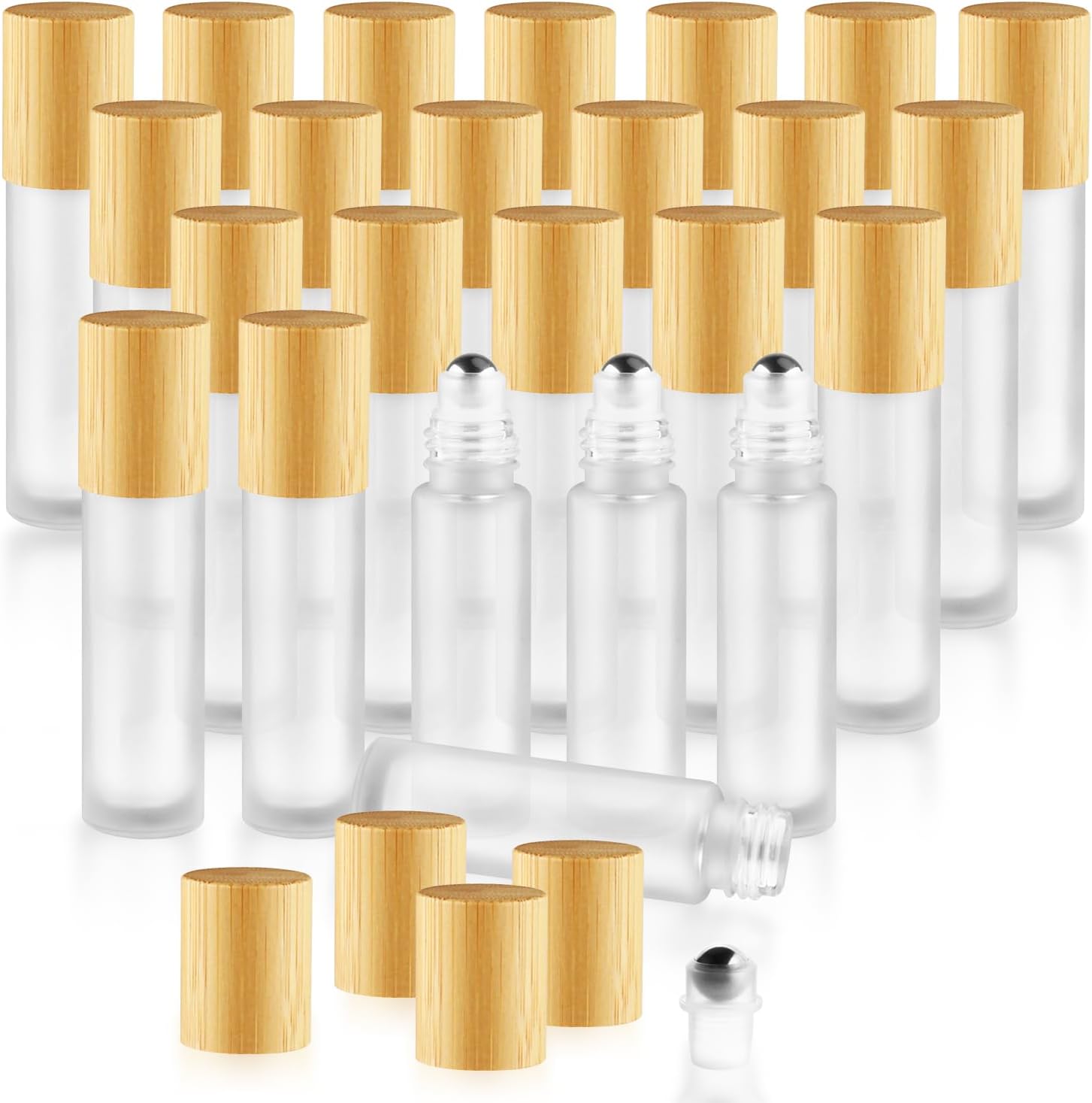 Cositina 24 Pcs 10ml/0.34oz Glass Roller Bottles Refillable Perfume Bottles with Roller Balls & Bamboo Lids for Travel Essential Oils - White Frosted