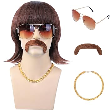morvally 5pcs Set 70s 80s Disco Wig with Mustache Glasses and Chain | Short Brown Mens Mullet Wig for 60s Singer Rocker Hippies Costume Cosplay Halloween Party