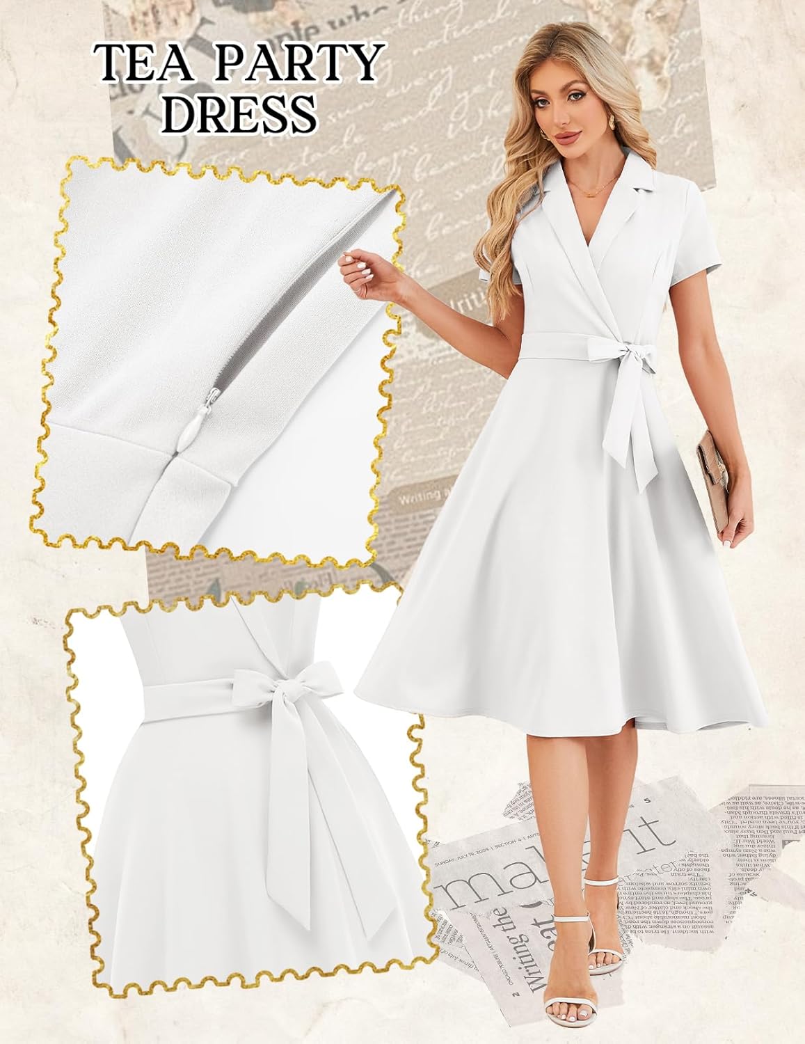 Meetjen Vintage Cocktail Dress for Women Evening Party Tea Length Swing Semi-Formal Graduation Guest Dresses,White,XL - Image 4