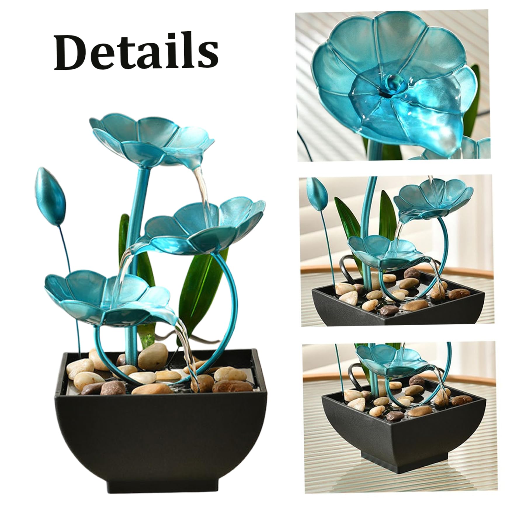 FONTA DI ACQUA CABLETOPILE 5x5x9in decorazioni di loto interno a cascata FONTAIN USB Mini Zen Rilassamento Fiore per ufficio, soggiorno, camera da letto (blu)