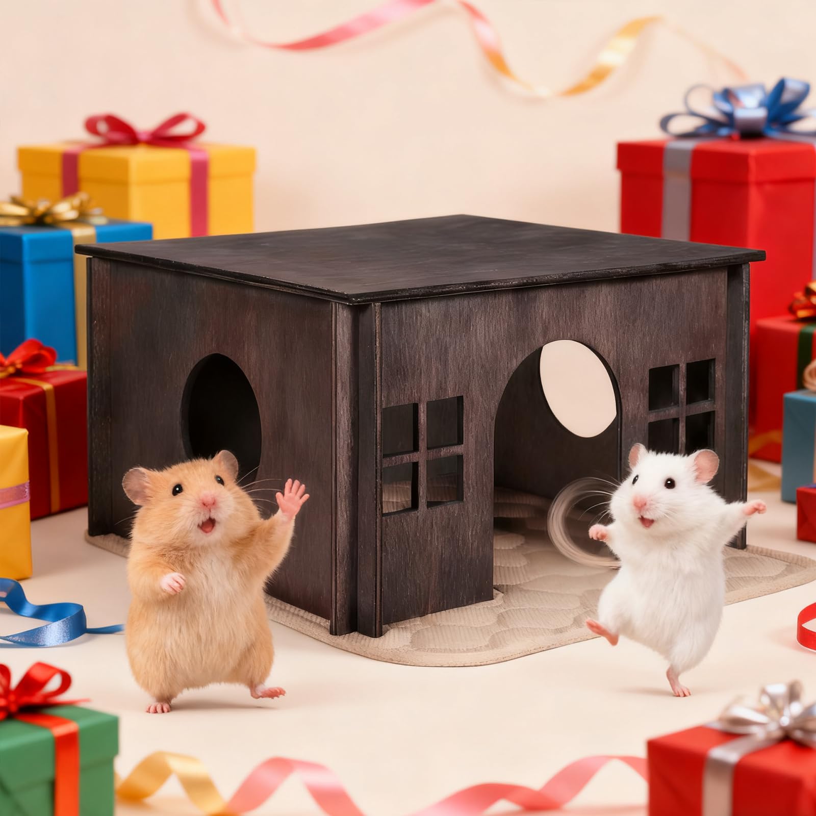 WHEARTED Hamster Hideout, Wooden Guinea Pig House with Windows, Detachable - Image 2
