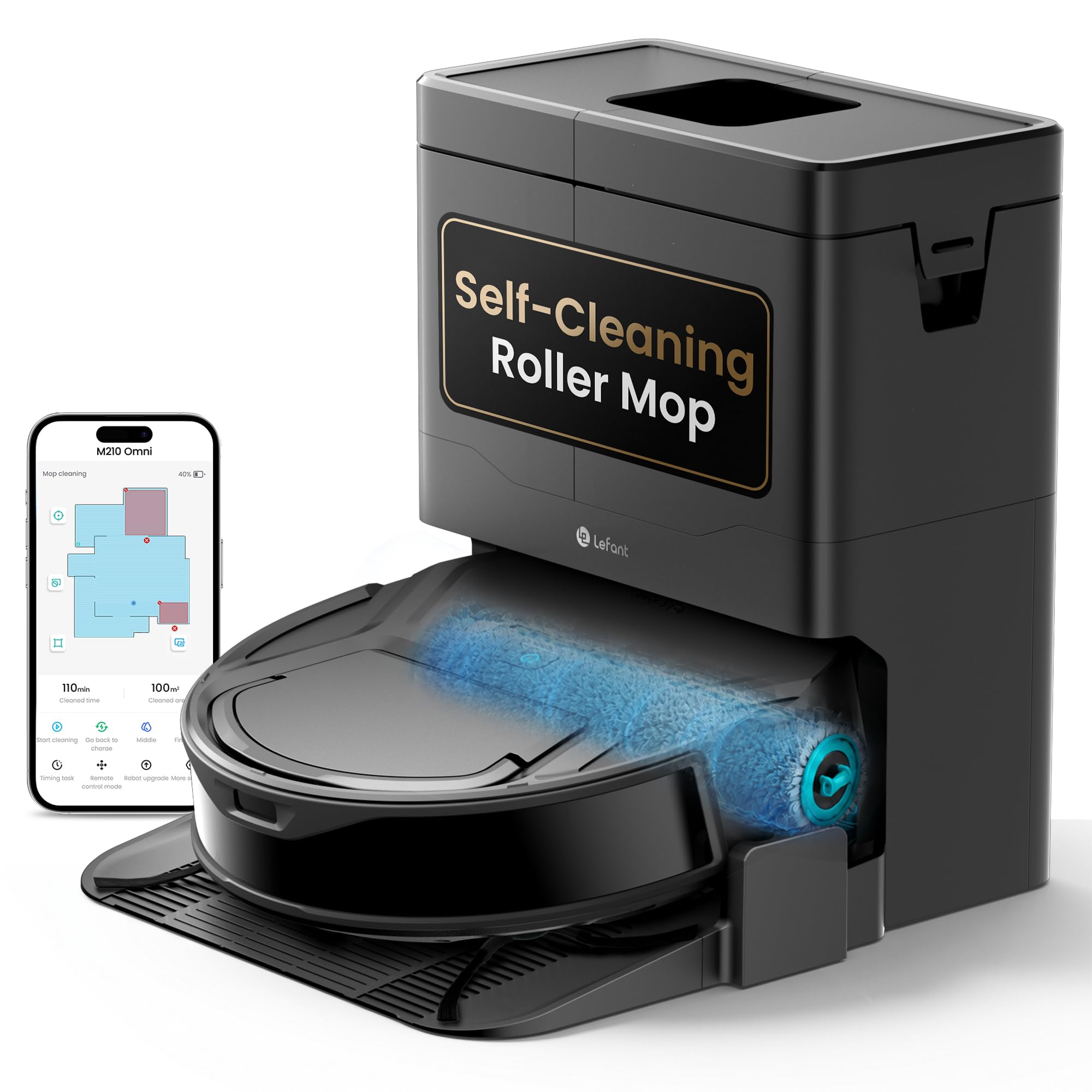 Tangle-Free Roller, Self-Cleaning & Self-Drying Base Station, 800mL Dustbin, 85mm Slim Design, for Hard Floors & Pet Hair Lefant M210 Omni Robot Vacuum and Mop, 20,000Pa Suction