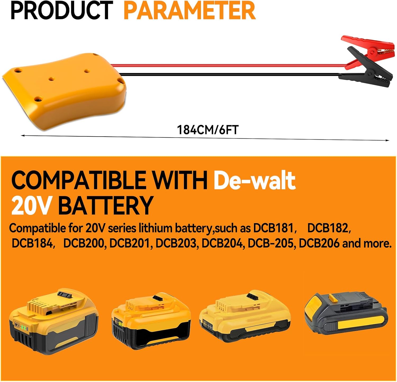 Jumper Cables Adapter Compatible with Dewalt 20V Battery, 12AWG 5.9FT Portable Battery Jump Starter Automotive Booster Cables Power for Car Jump Starting Using Tool