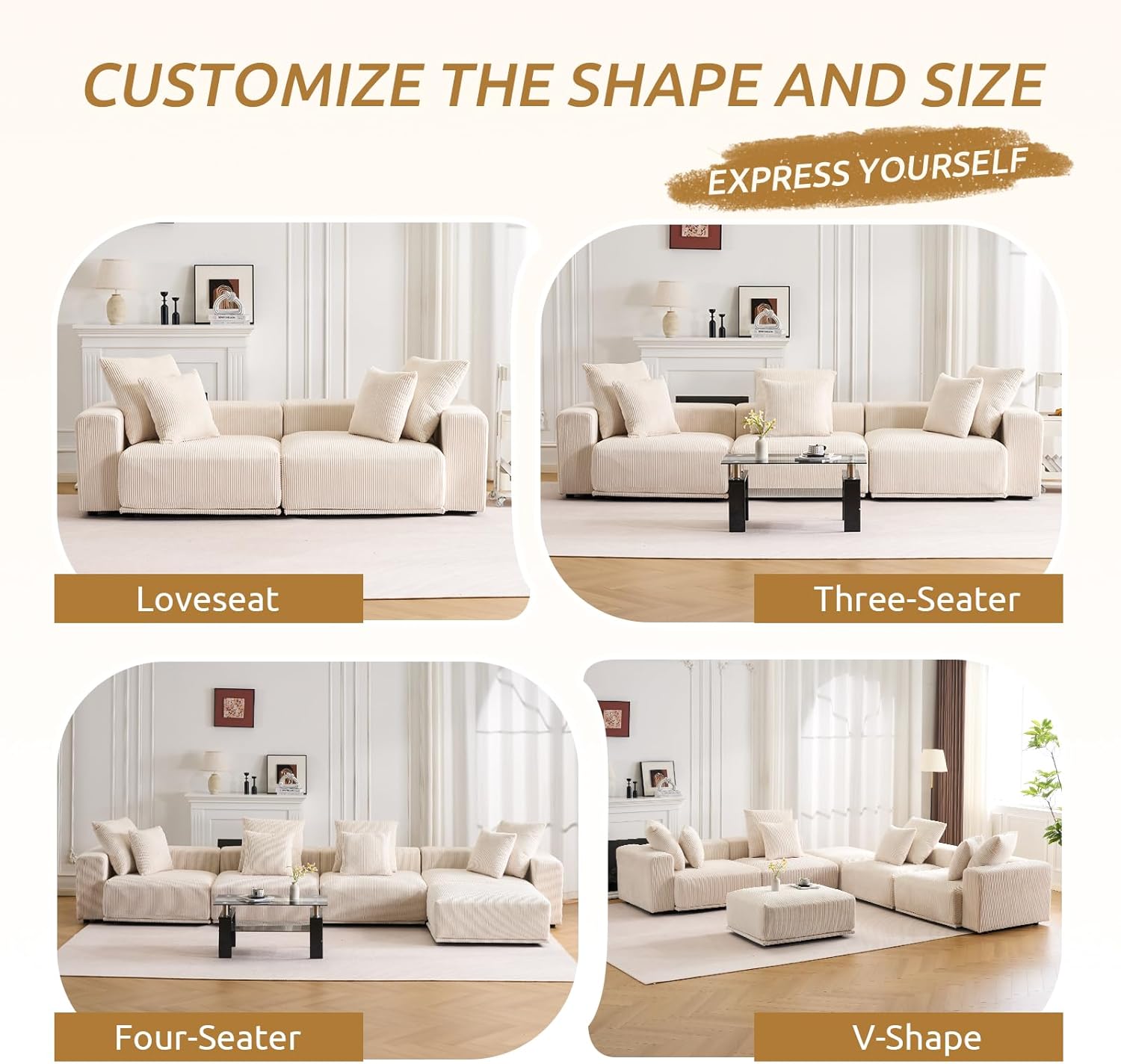 Cloud Couch Modular Sectional Sofa,132.68" L Shaped Couch with Ottoman,3 Seater Corduroy Couch, Convertible Sectional Sofa for Living Room,Cushion Covers Removable& Washable,Beige