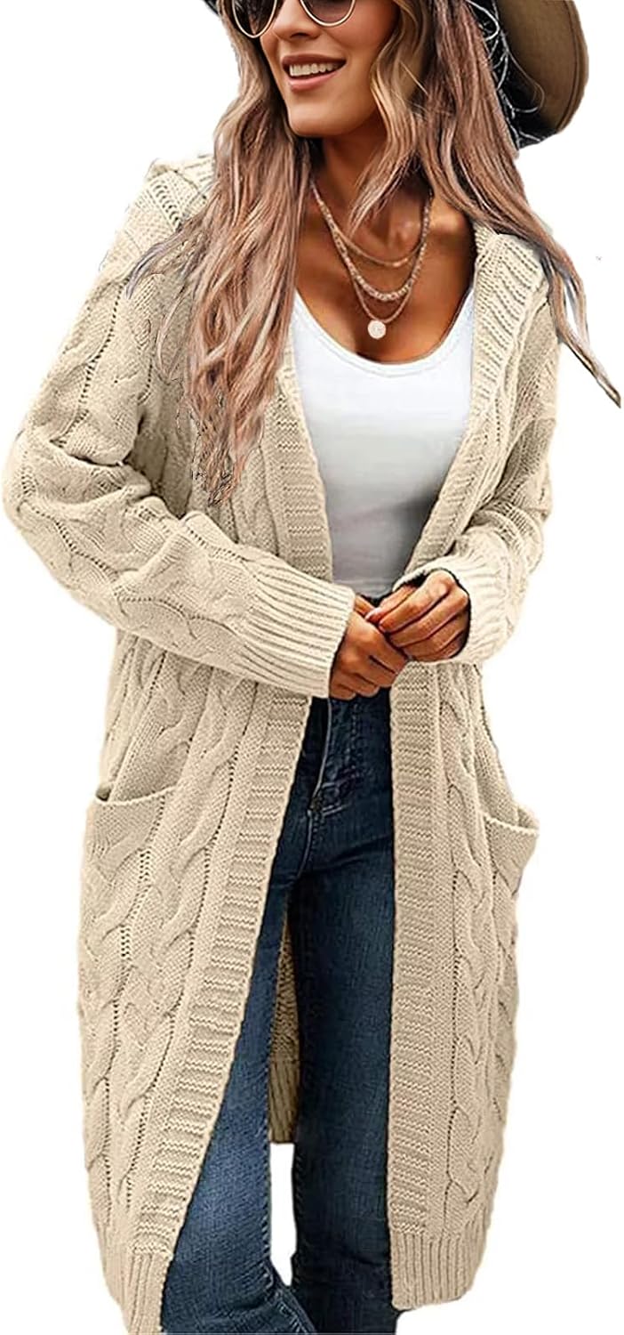 Women's Hooded Open Front Long Cardigan Cable Knit Sweaters Side Pocket Oversized Chunky Cardigan Outwear Coat