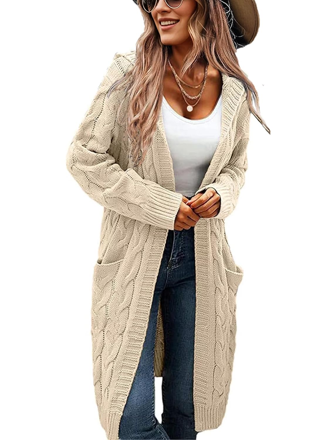 Womens Hooded Open Front Long Cardigan Cable Knit Sweaters Side Pocket Oversized Chunky Cardigan Outwear Coat