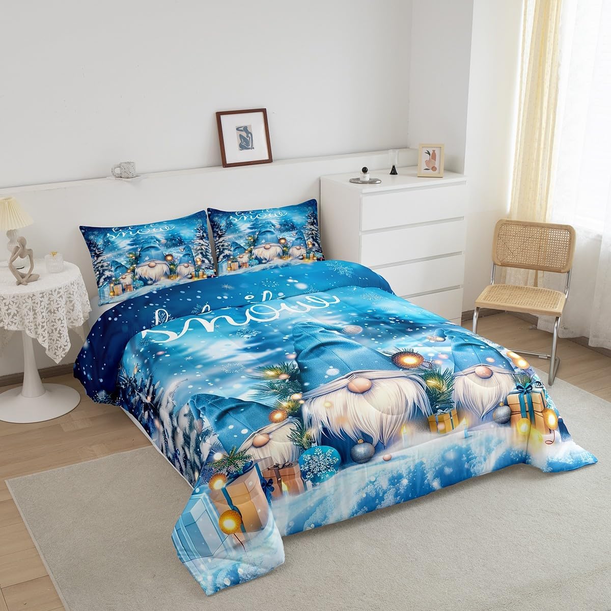 Erosebridal Christmas Bed Comforter Set Kawaii Gnome Pattern Bedding Set Winter Snow Painted Comforter Christmas Tree Snowflake Comforter Set Decor for Children (Queen, Blue)