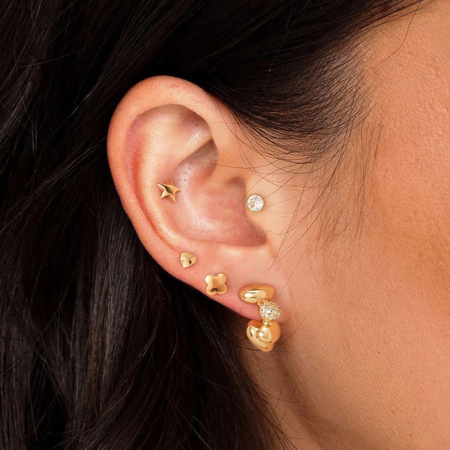 BENEIGE 4 Pairs Small Stud Earrings Set for Women Men | 14K Gold Plated Women Earrings Set Multiple Piercings | Cross Cartilage Earrings | Butterfly Helix Piercing Earrings | Windmill Snowflake Fox Airplane Star Heart Cloud Flower Earrings - Image 4