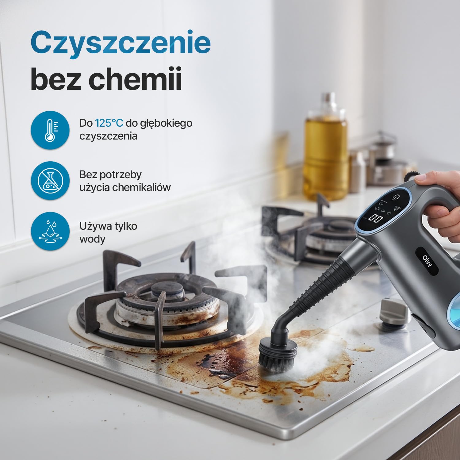 Olvy Ręczna myjka parowa 1200 W wysokociśnieniowa przenośna parownica z 3 poziomami pary i 10-częściowym zestawem akcesoriów, zbiornikiem 380 ml, do płytek domowych, mebli, kuchni i łazienki