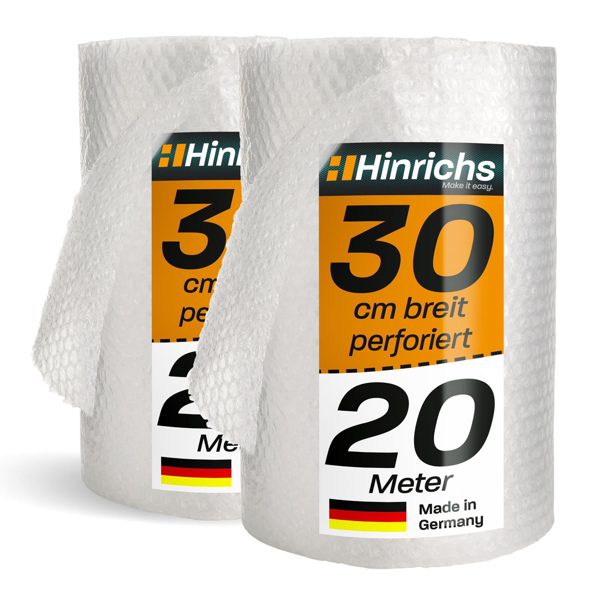 Hinrichs Perforierte Luftpolsterfolie 20m x 30cm - Ideal für Versand, Verpackung und Umzug - 100% recyclingfähig - Bubble Wrap als Verpackungsmaterial - Noppenfolie - Polstermaterial