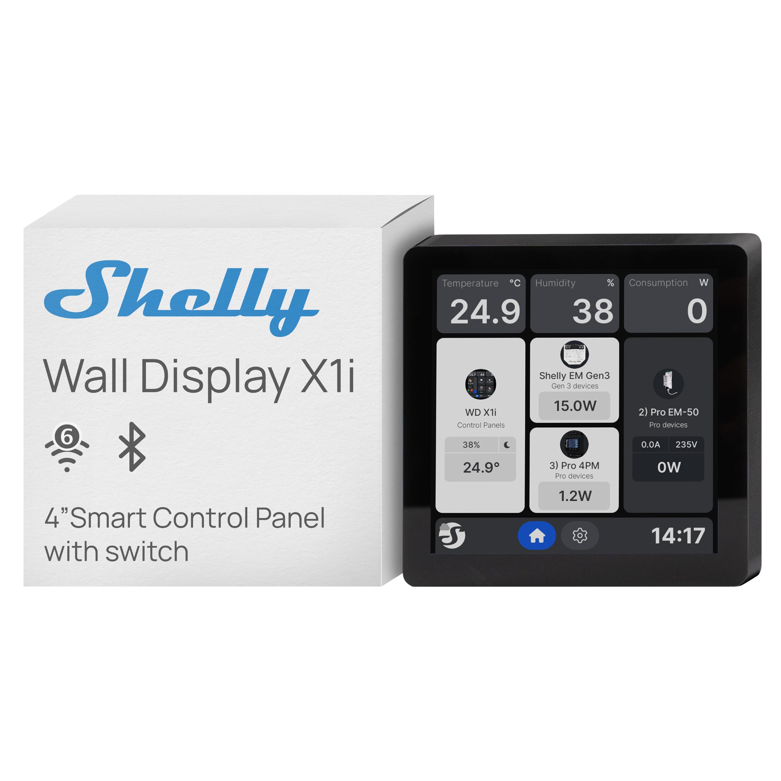 Shelly Wall Display X1i Black - Smart Home Control Panel with 4 Inch Touchscreen, Wi-Fi 6 Dual Band, Bluetooth 5.0, Quad-Core CPU, Built-in 5A Relay, Gesture Sensor, Alexa Google Home SmartThings