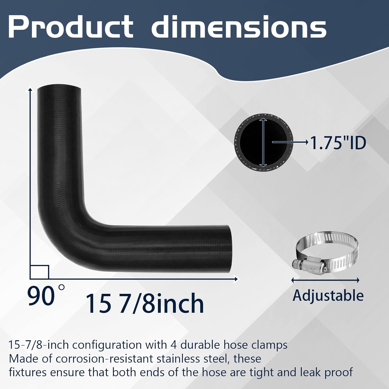 1 3/4" Gasoline Fuel Filler Neck Hose with 4 Clamps - 15 7/8" Length Gas Tank Hose Replacement (1.75" ID 90 Degree)