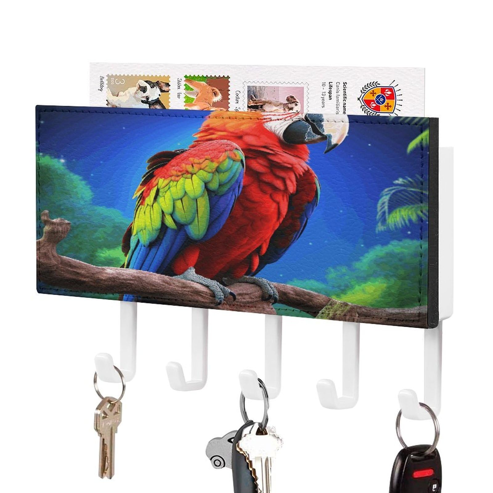 JTREHY Parrot Key Holder Wall Mount Decorative Key and Mail Holder PU Leather Adhesive Key Organizer Hanging Key Hooks Wall Shelf with 5 Hooks for Entryway Hallway Office