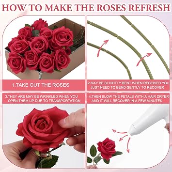 20 Pcs Red Artificial Flowers Fake Artificial Roses Silk Flower with Stem