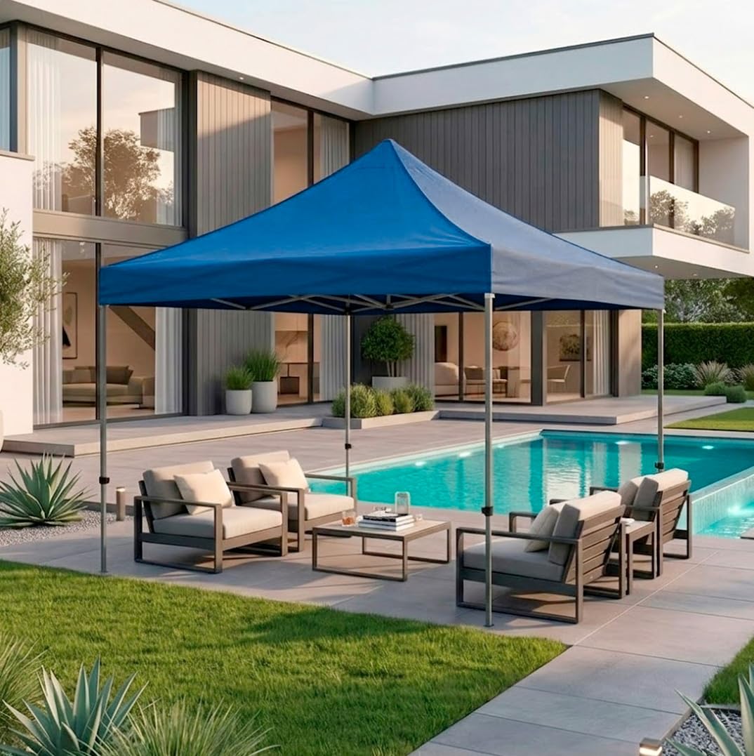 Gazebo Professionale 3x3 M Richiudibile Automatico In Acciaio Con Telo Oxford 1200D PVC Impermeabile e Anti UV Struttura a Fisarmonica con Sacche Zavorra e Borsa Trasporto Sagre Feste Eventi (Blu)