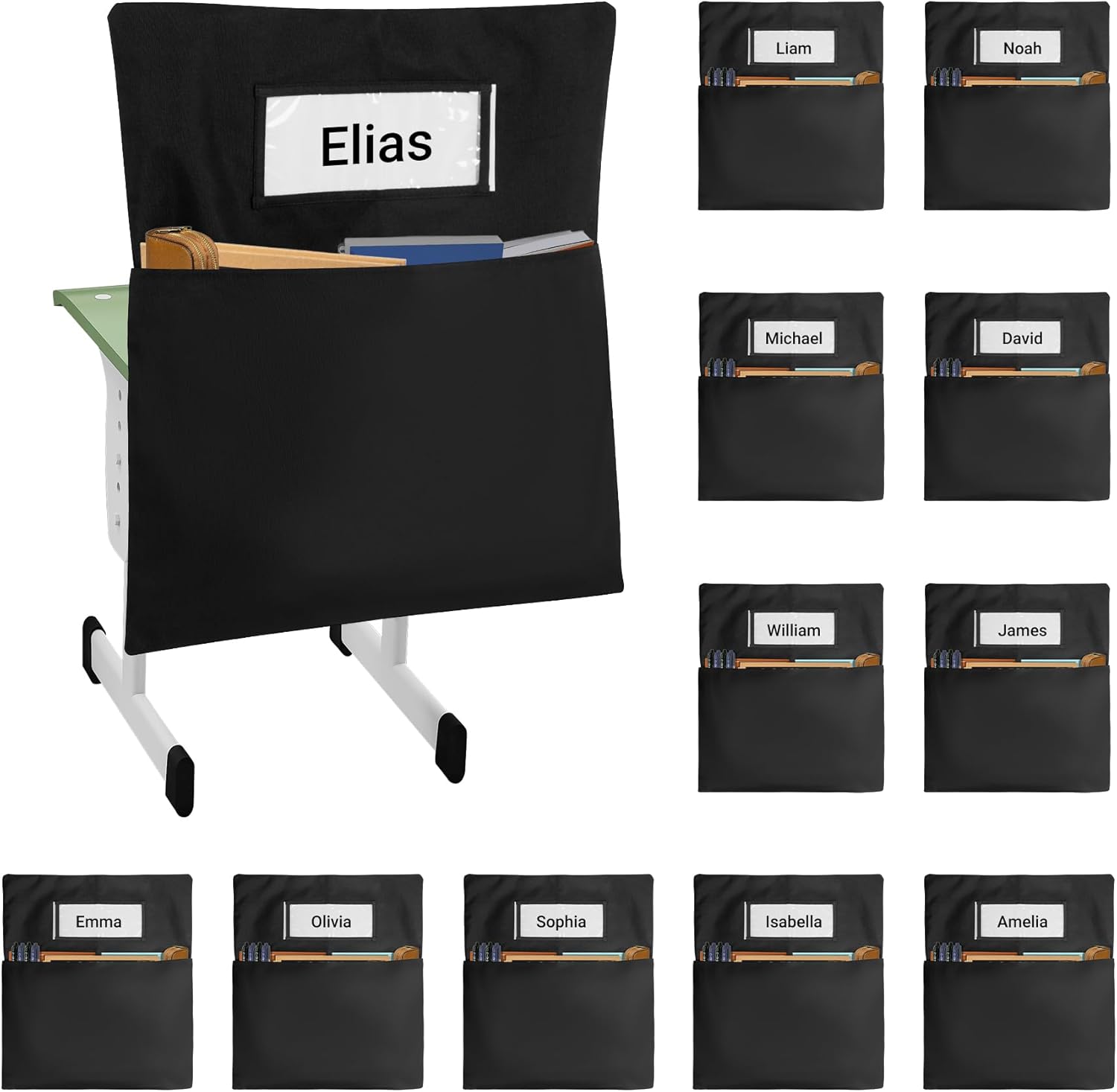 Chair Pockets for Classrooms 12 Pack,18 x 20 inch Black Chair Back Buddy Pockets with Name Slot & Tags, Back of Chair Organizer for Classroom Chairs Seat Storage