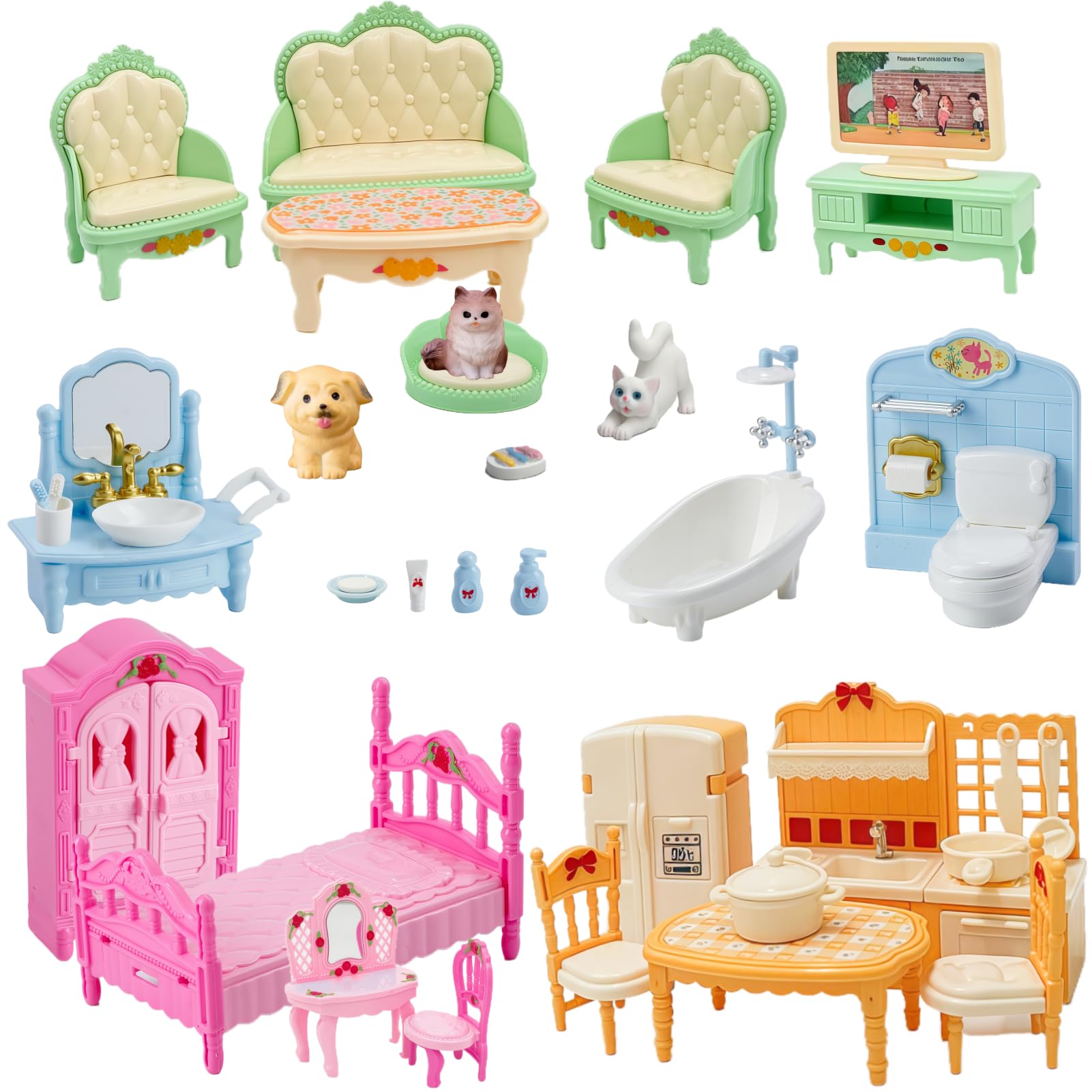 Dollhouse Furniture Set, Complete Room Collection with Kitchen, Dining, Living Room, Bedroom and Bathroom Accessories, Plastic (36-Piece Macaron Colors)