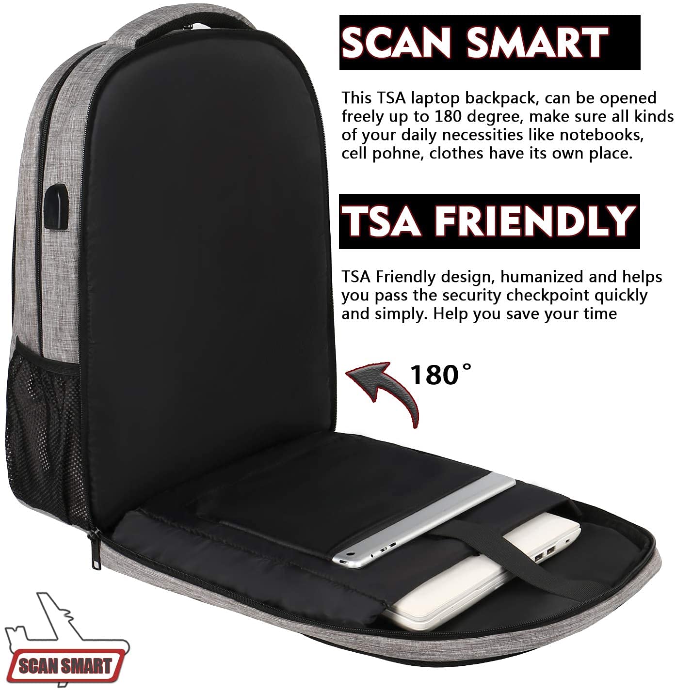 MATEIN Zaino Uomo 17.3 Pollici Grande Zaino Porta PC Lavoro Antifurto Zaino Laptop Computer Notebook Unisex Zaini per PC Portatili con Caricatore USB per Viaggio Ufficio università, Grigio