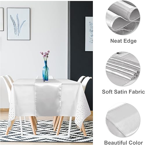 Miniatura 10 de Juego de 16 manteles de plástico desechables y camino de mesa de satén, mantel de punto blanco y azul, camino de mesa de satén azul para boda,