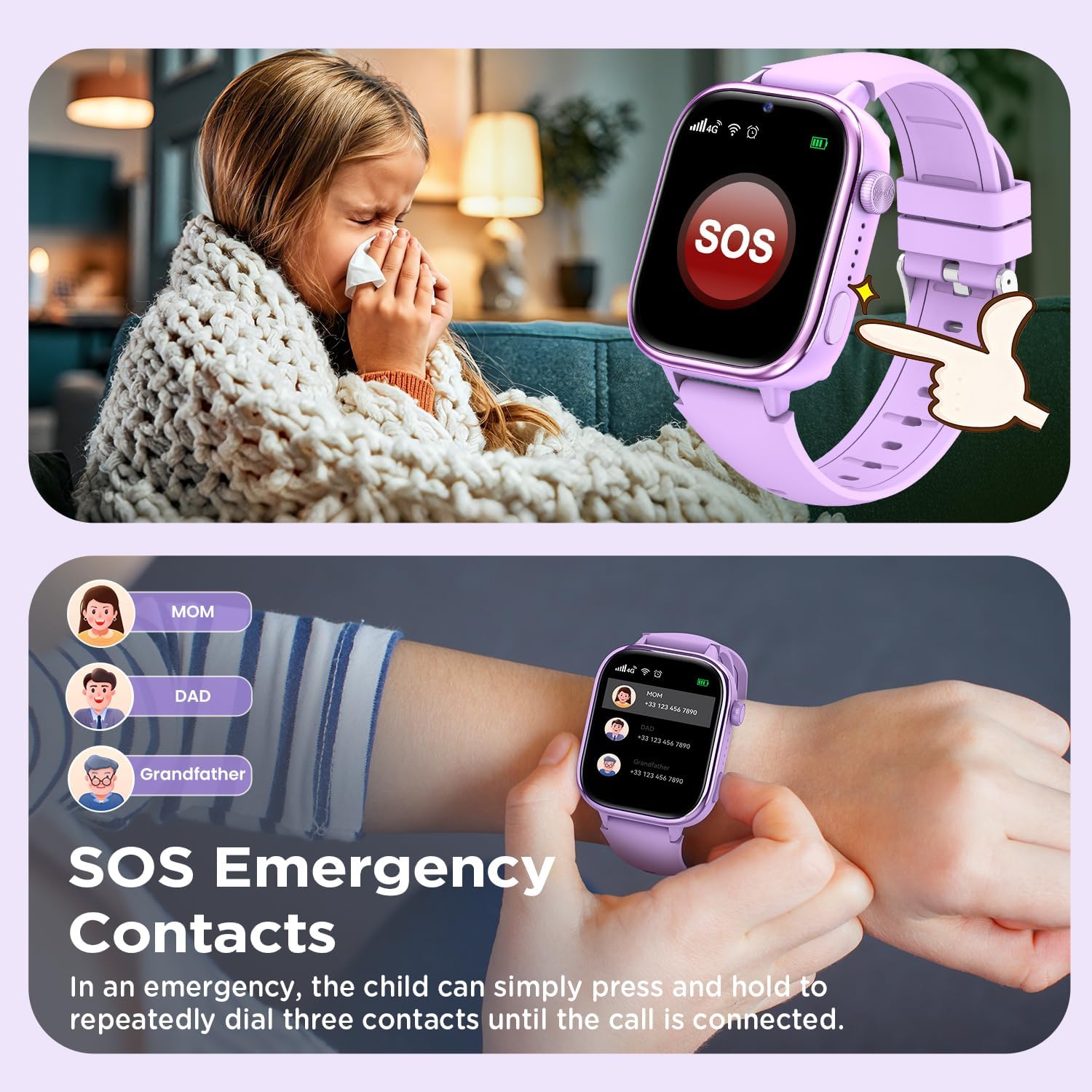 Nuevo 4G Reloj Inteligente Niño con Videollamada & GPS, Smartwatch Niños con SOS, Chat de Voz, Modo Escuela, Podómetro, Despertador, Monitor de Sueño IP68 Impermeable Regalo para Niños Niñas, Púrpura 6