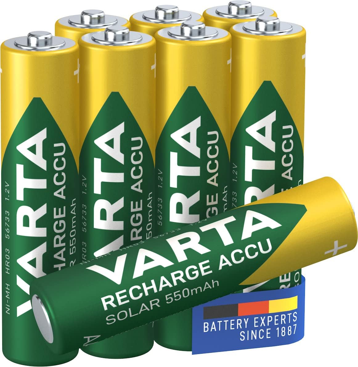VARTA AAA Rechargeable Batteries 8 Pack Recharge Photo voltaic Battery 550mAh Ni-MH Pre-Charged Able to Use for Photo voltaic Backyard Lights