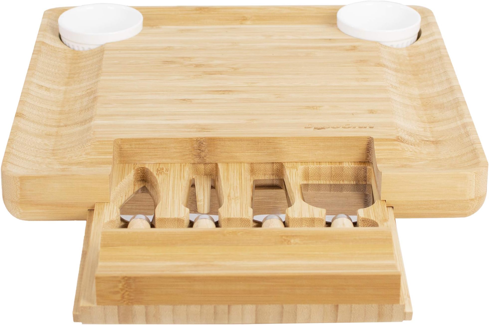 DRAGONN Natural Bamboo Cheese Board and Charcuterie Platter with Two Ramekans for Dips and Hidden Drawer for Cutlery Set, DN-KW-BB02